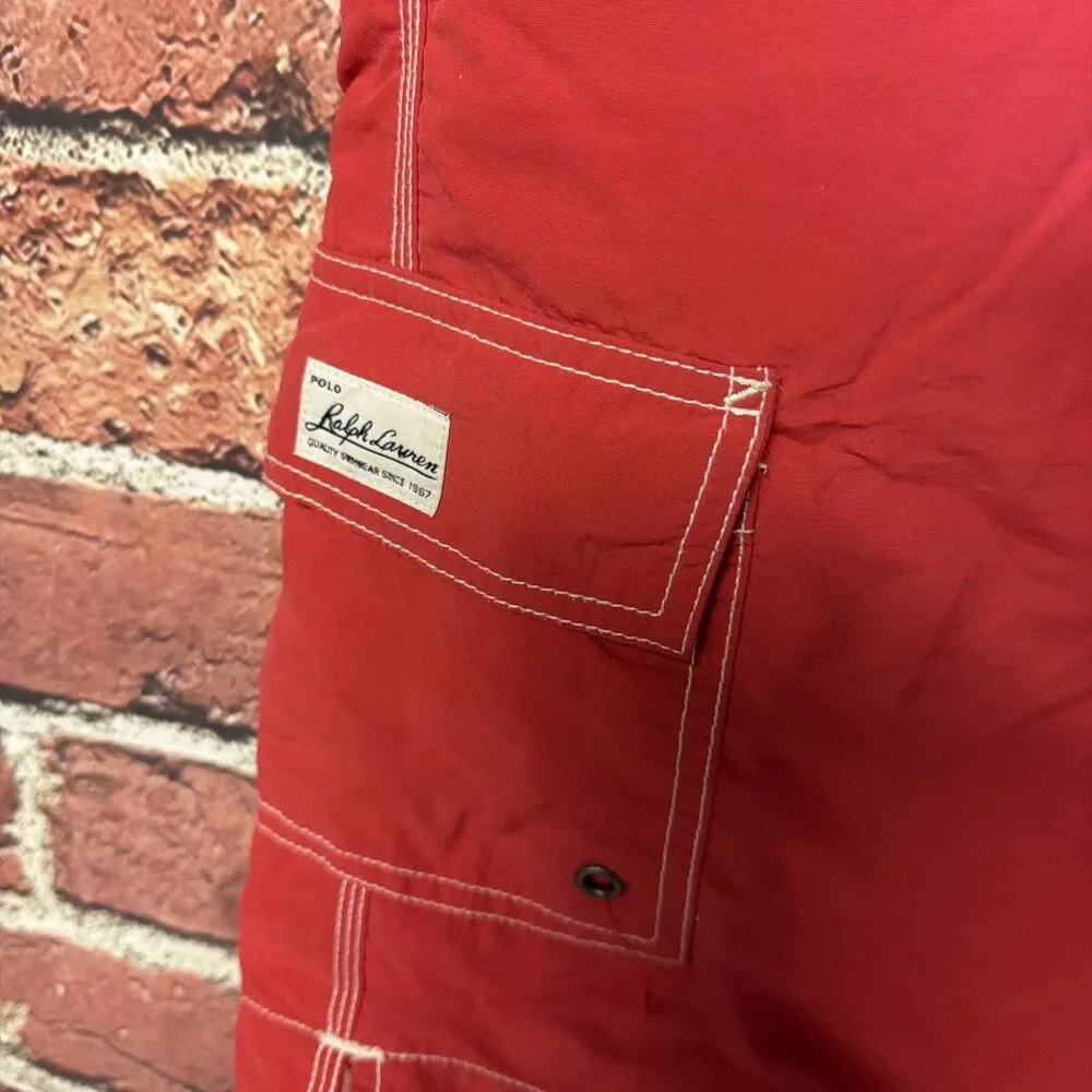 Vtg Polo Ralph Lauren Swim Trunk Shorts Men Sz XXL 2X Red Navy Pony Cargo Pocket